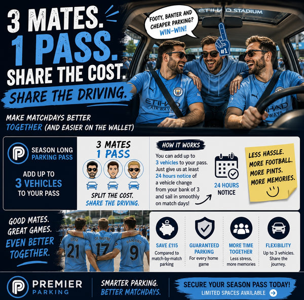 MANCHESTER CITY - SEASON LONG PARKING PASS 2026/2027 - Up To 3 Cars on One Pass!